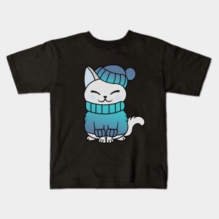 Cute Cozy Colorful Snow Winter Cat Kitty Kids T-Shirt